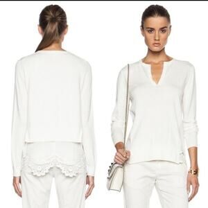 Thakoon V Neck Layered Sweater Crochet Lace Voile Hem Ivory XS